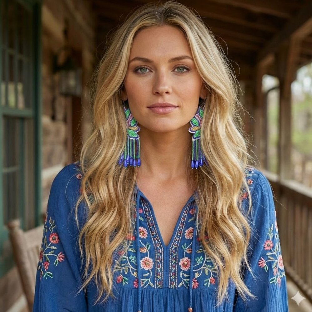Blue Turquoise Beaded Crystal Chandelier 4" Long Boho Hippie Bohemian Earrings - Picture 3 of 4